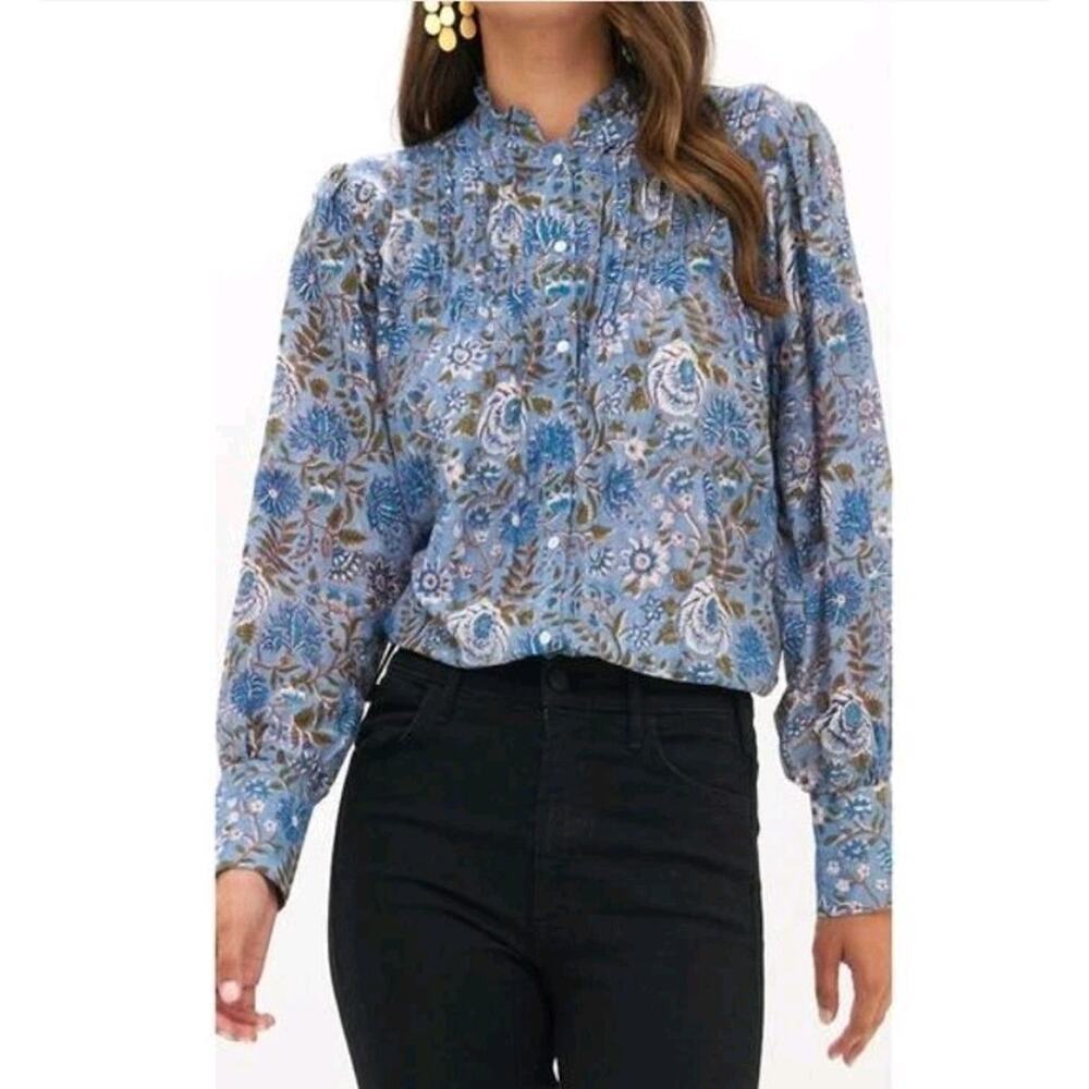 Oliphant Blue White Floral Cotton Pheasant Top Boho Whimsy Cottage M Spring